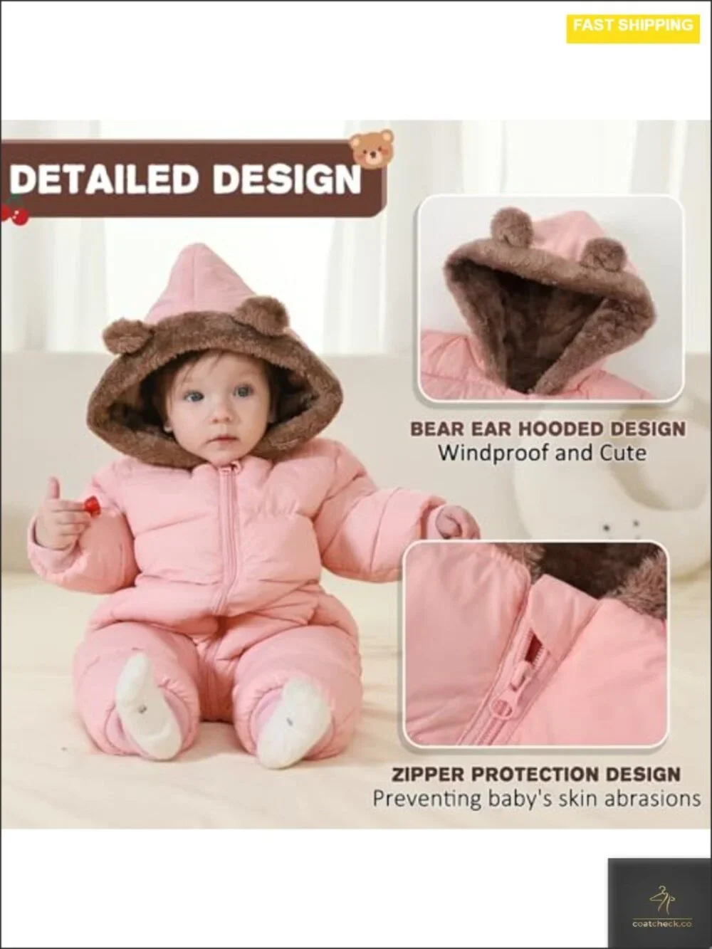 Baby Winter Snowsuit Hooded Jumpsuit Waterproof Fleece Lined One Piece
